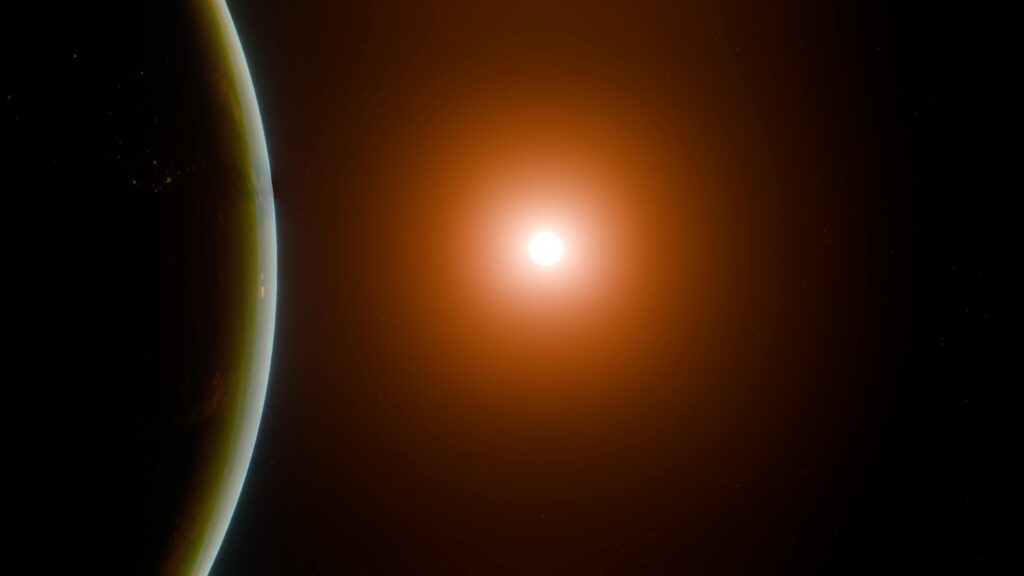 A striking view of Earth's horizon with a glowing sun in space.